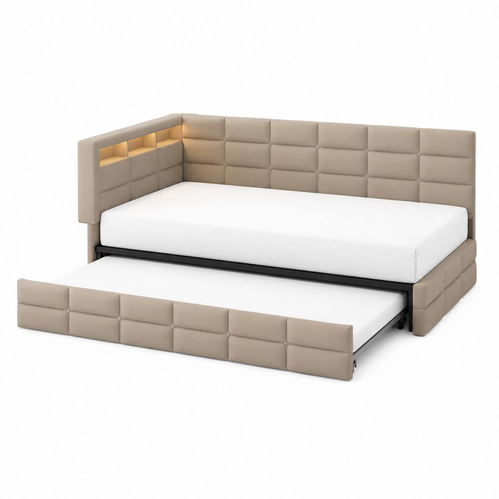 Diván cama con somier extraíble tapizado en piel sintética Beige 200x90 cm