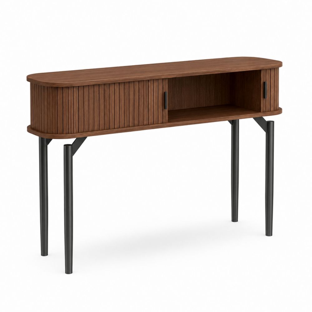 Mesa de entrada de madera de nogal y metal con puertas correderas