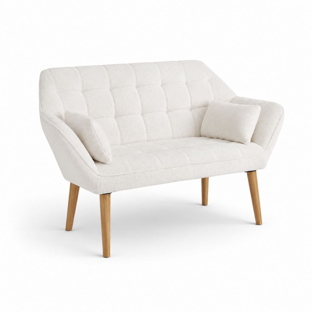 Sofá de Tela Bouclé Blanco con Patas de Roble 120cm