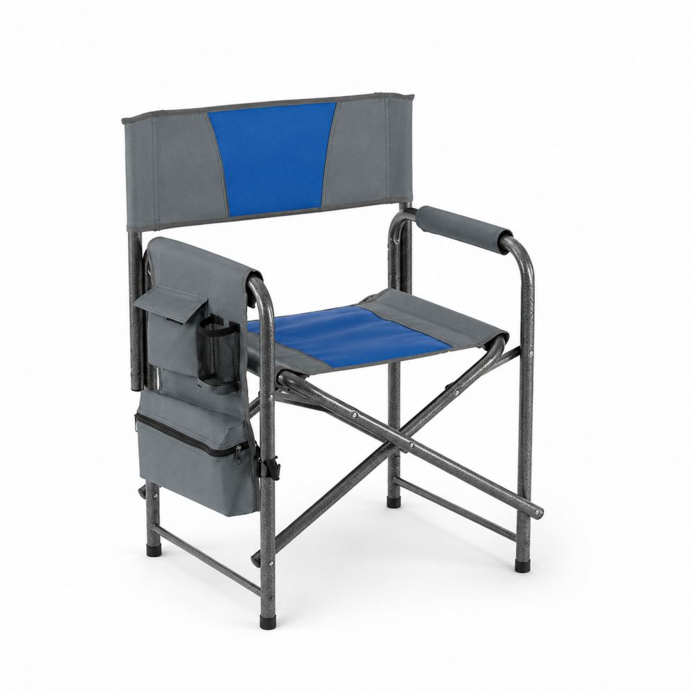 Silla plegable de director en metal con almacenamiento lateral gris y azul