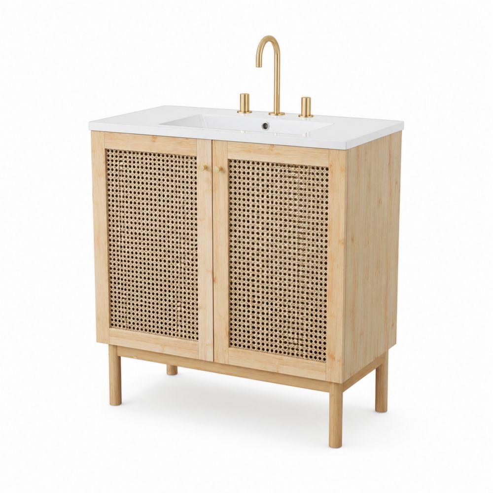 Mueble de baño de bambú con lavabo de resina