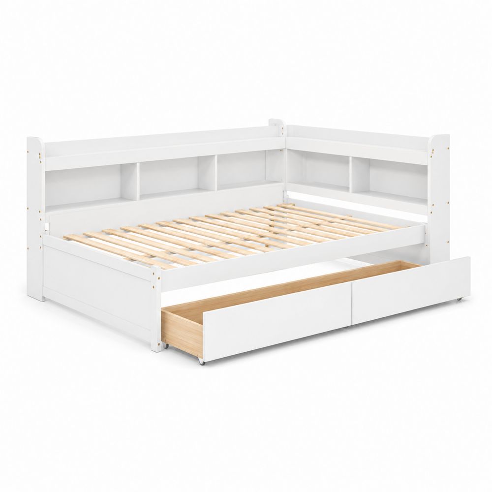 Cama diván blanca con cajones y estanterías en madera de pino