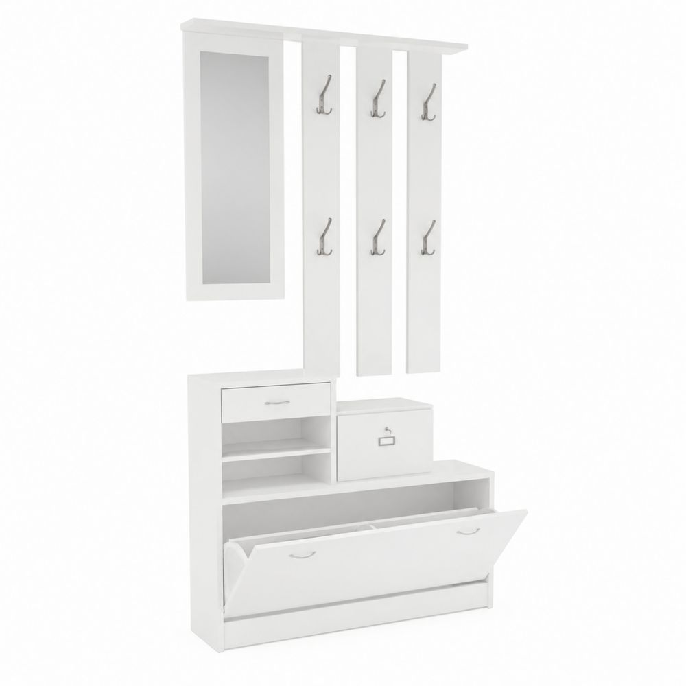 Conjunto de perchero con espejo, ganchos y almacenamiento en MDF, Blanco, 180x100x30 cm