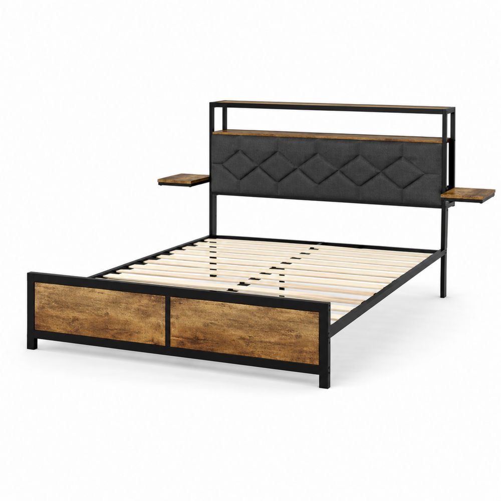 Cama Doble de Metal y Madera con Estantes Integrados