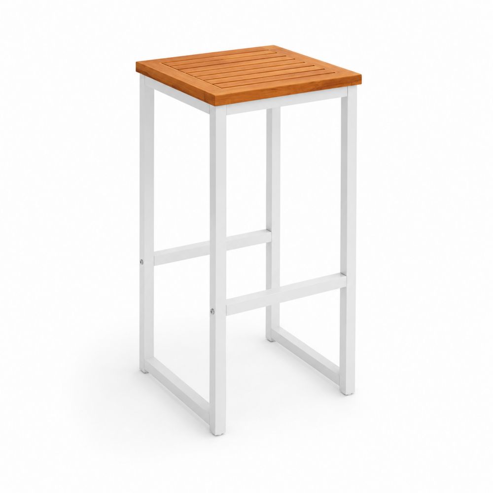 Taburete de bar con asiento de madera de teca y estructura de aluminio
