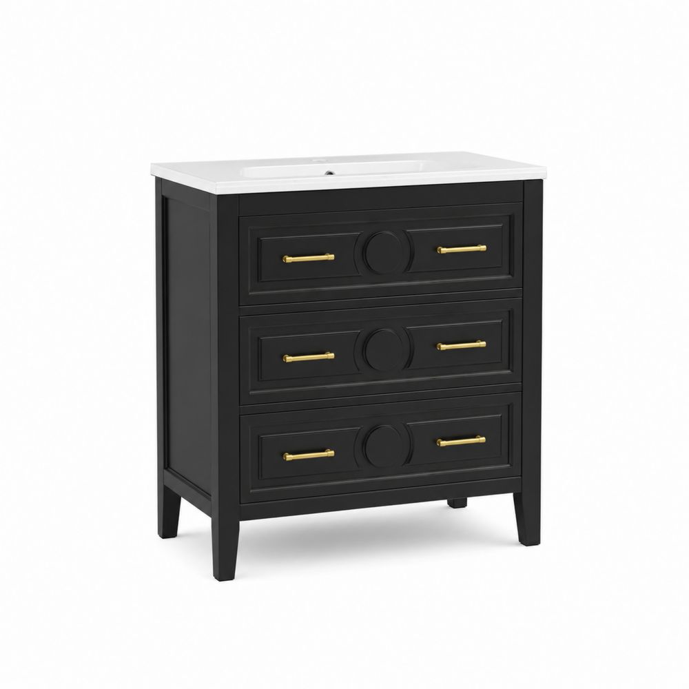 Mueble de lavabo con cajones de madera y lavabo de cerámica blanca