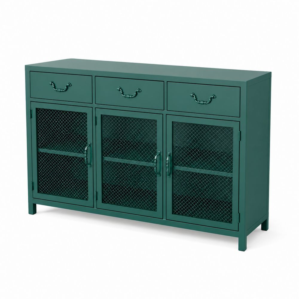 Aparador de metal verde con cajones y puertas de rejilla 120x40x90 cm