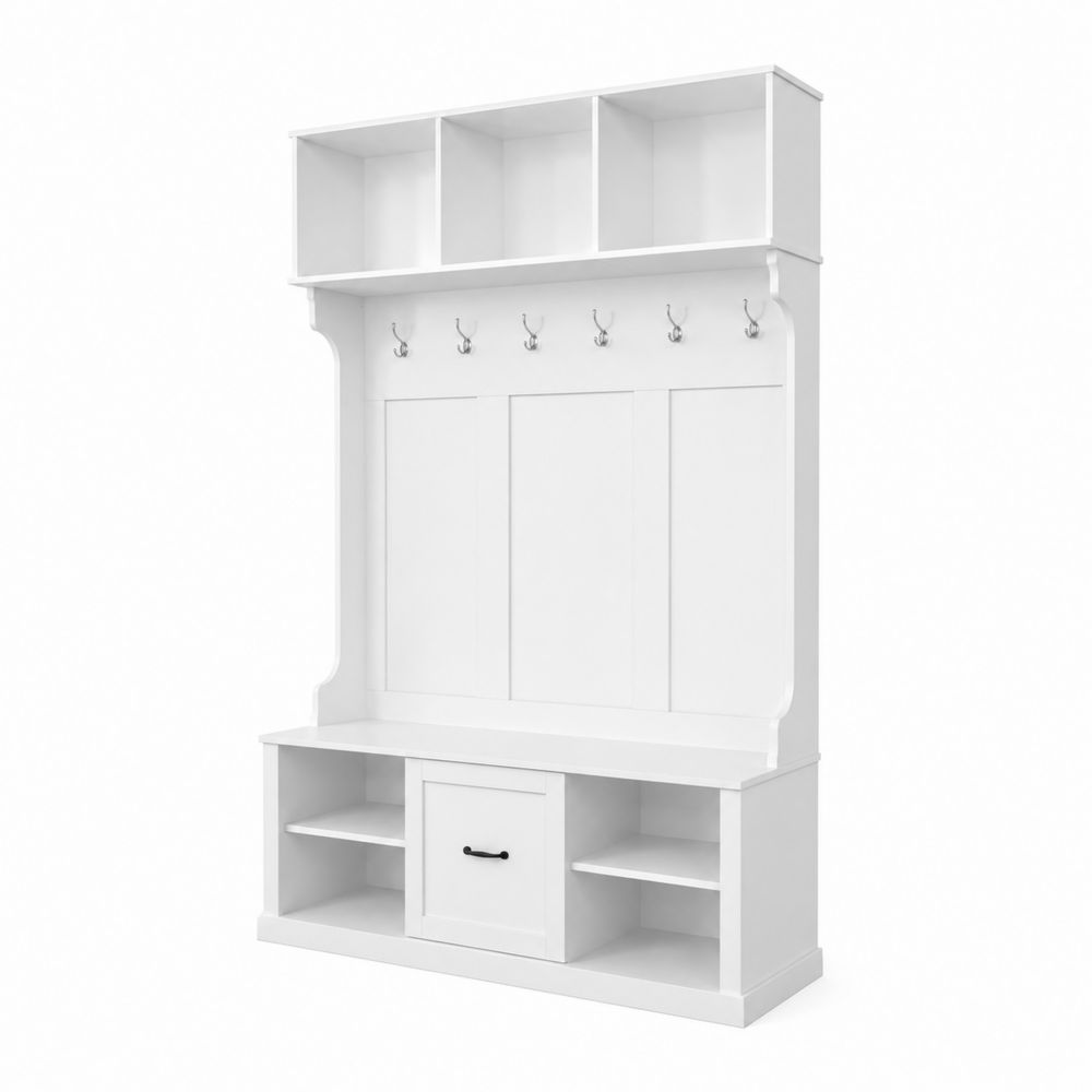 Perchero con Banco y Almacenamiento de Madera en Blanco