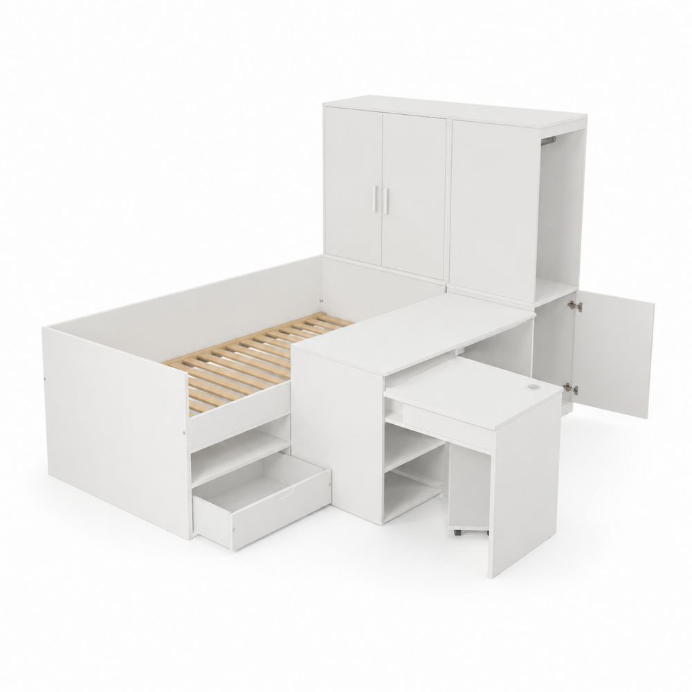 Cama con Almacenamiento de Madera Compuesta Blanca
