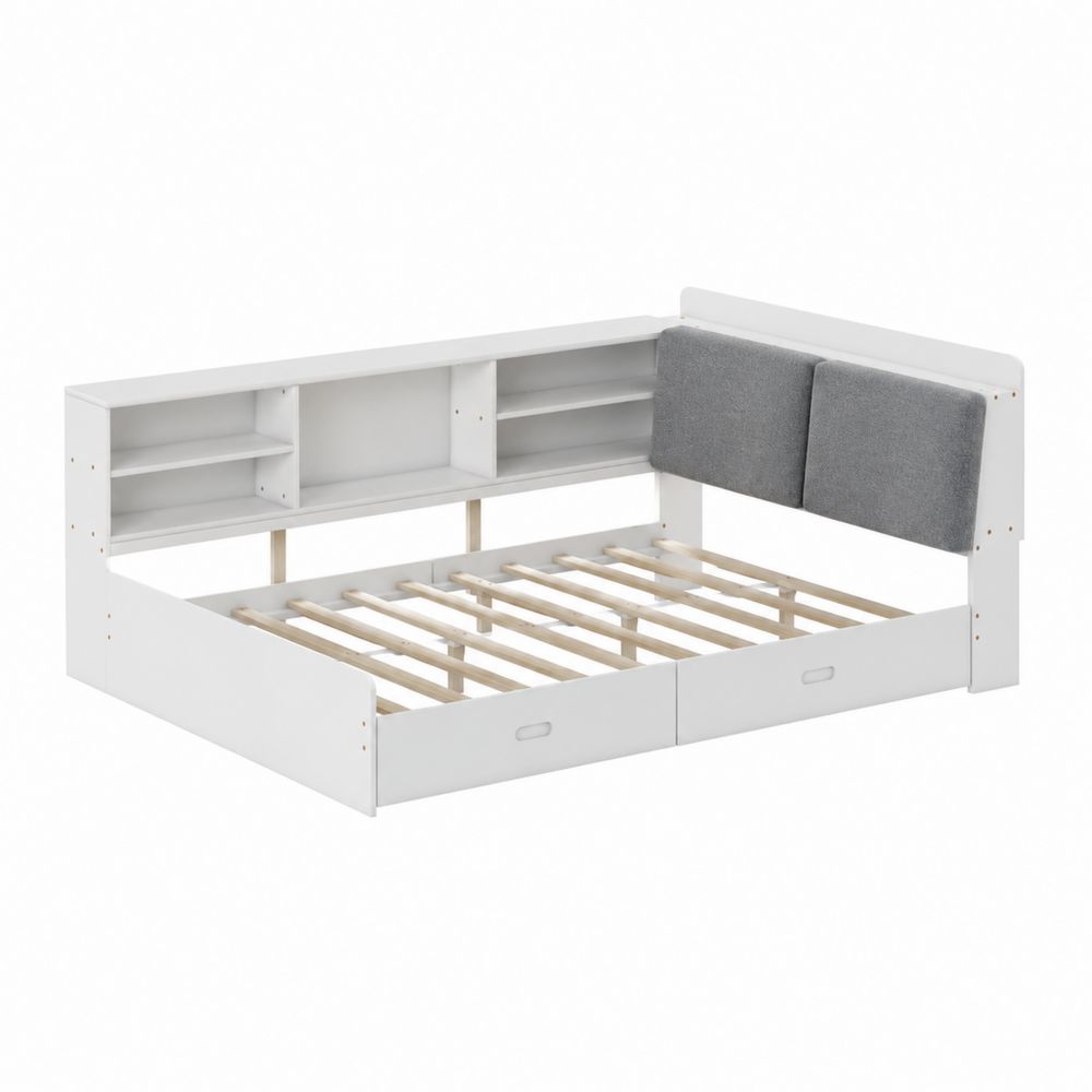 Cama de madera con almacenamiento en forma de L, Blanco y Gris