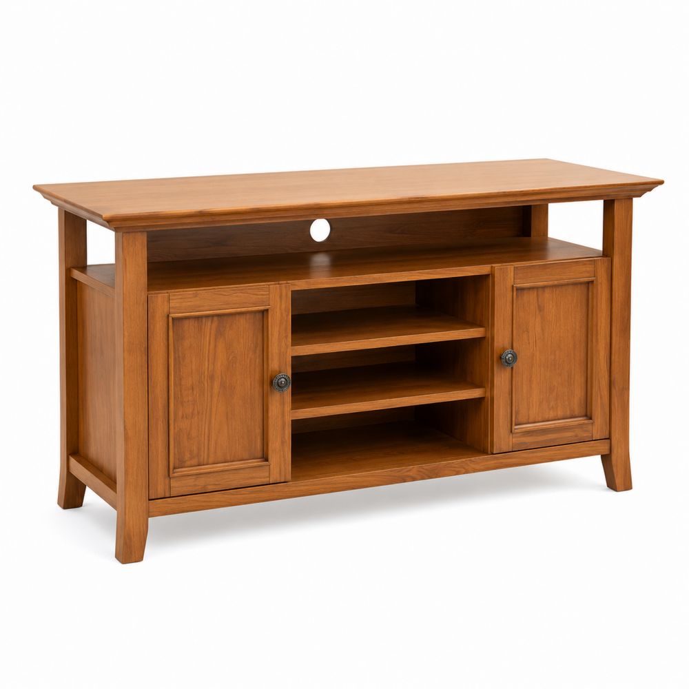 Mueble de TV de madera de roble con puertas y estantes