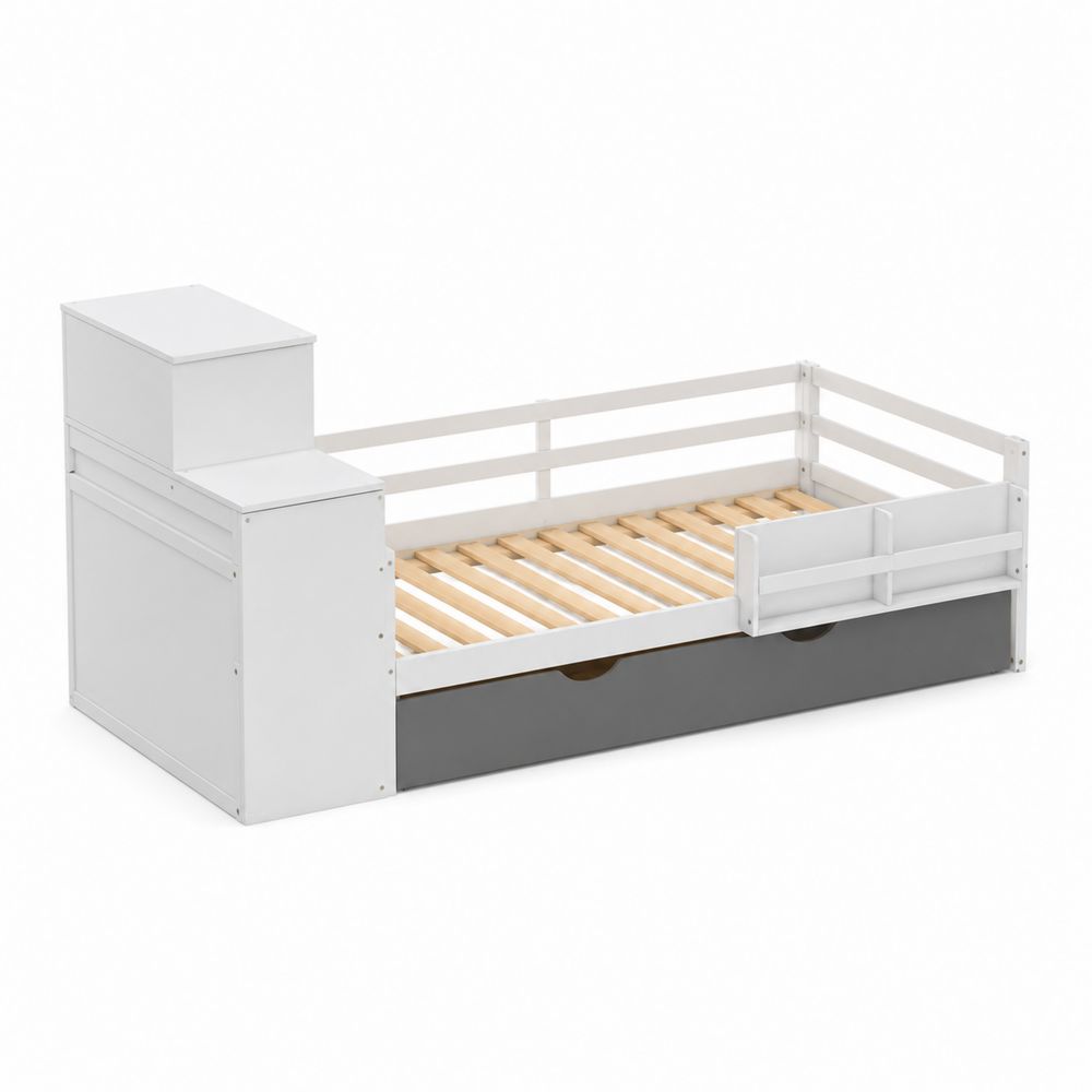 Cama infantil de madera con almacenamiento Blanco y Gris 195x95 cm