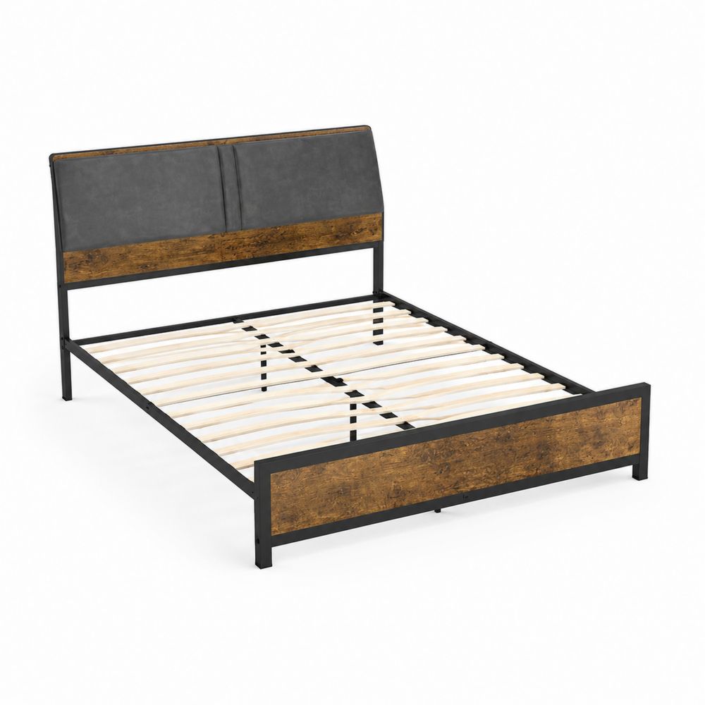Cama de Matrimonio de Metal y Madera con Cabecero Acolchado