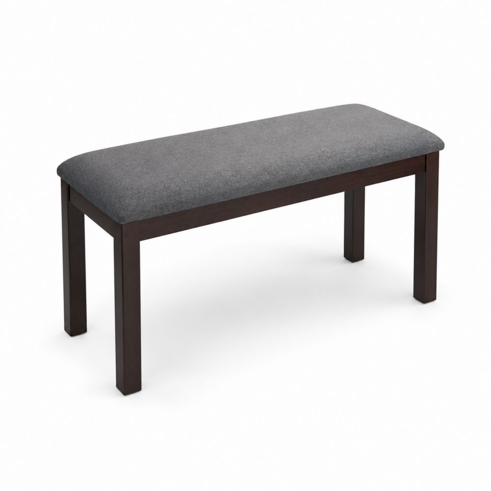 Banco tapizado gris oscuro con estructura de madera