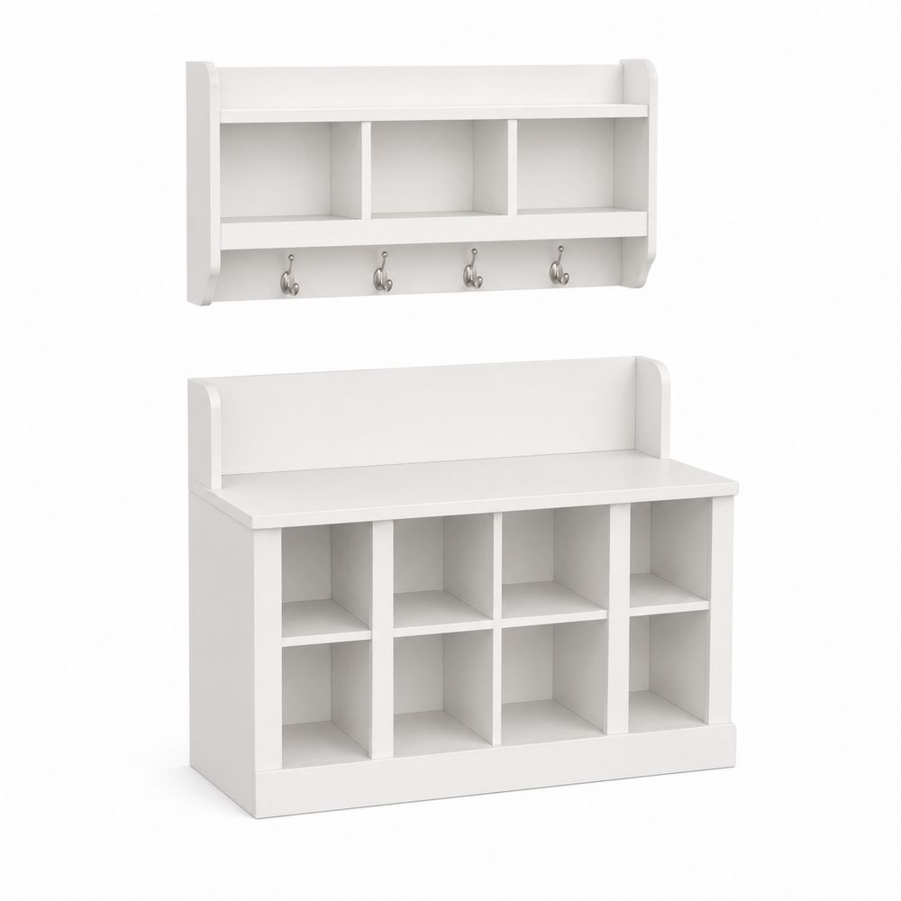Conjunto de perchero y banco de MDF blanco