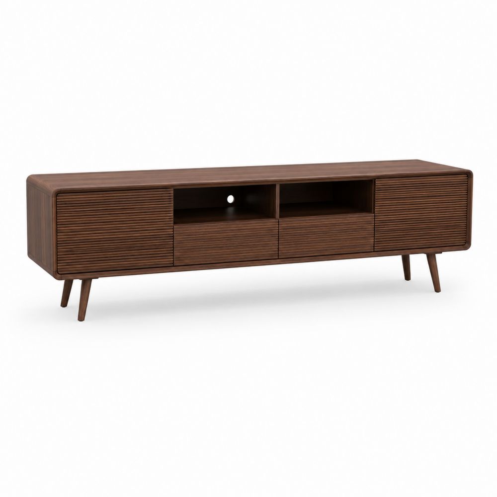 Mueble para TV de madera de nogal con puertas y estantes abiertos