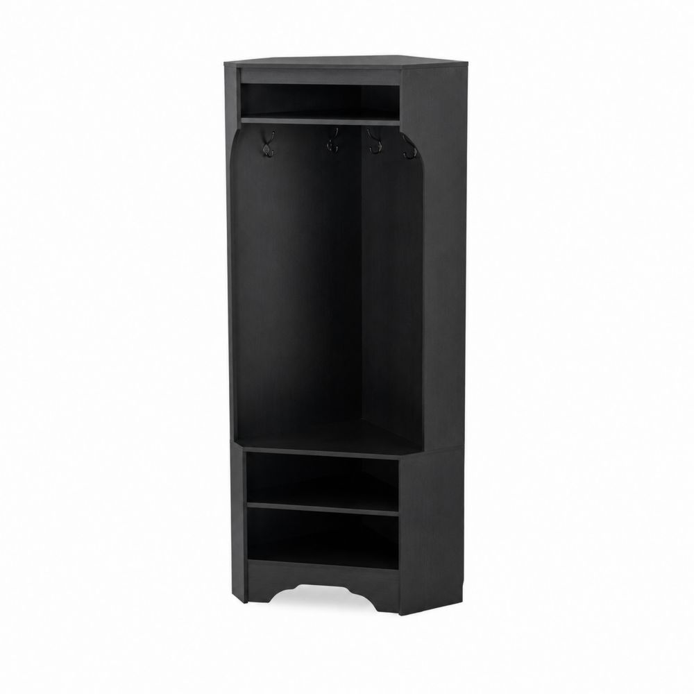 Perchero esquinero de madera MDF negra con estantes y ganchos