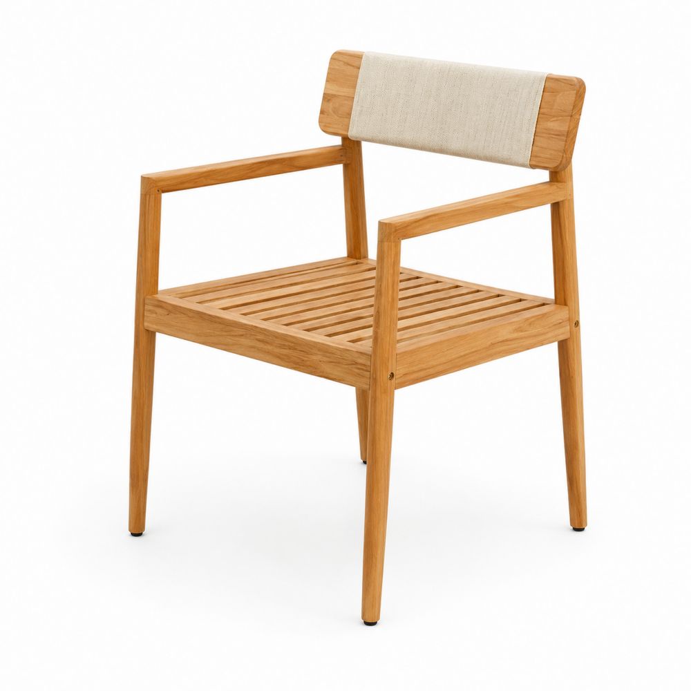 Sillón de madera de teca con respaldo de lino beige