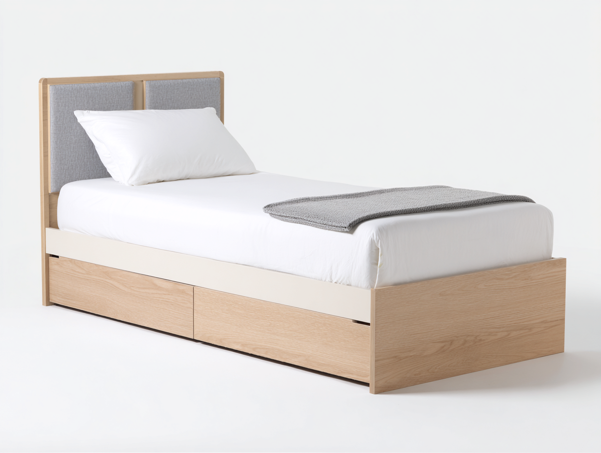 Einzelbett mit Schubladen Holz und Stoff 205x95x100 cm naturfarben weiß grau für Schlafzimmer - modernes Design-Lamoohaven