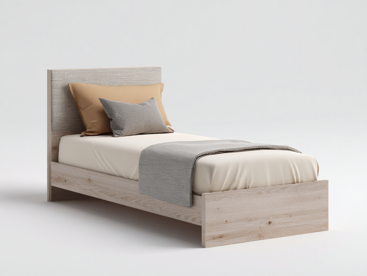 Einzelbett aus Holz mit Stoffkopfteil 205x95x90 cm naturfarben beige für Schlafzimmer - modernes Design-Lamoohaven