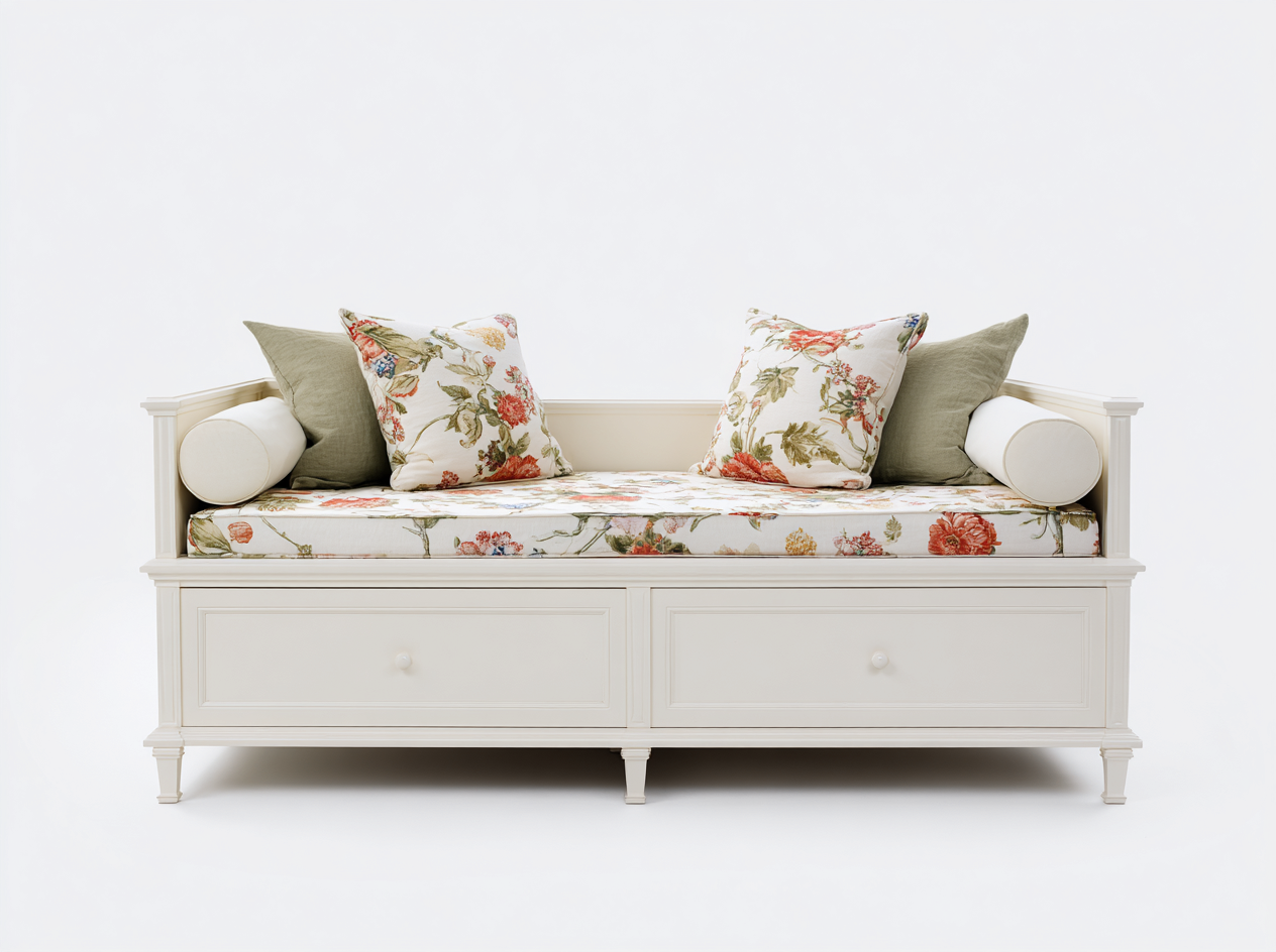 Schlafsofa Holz 208x98x92 cm - cremeweiß-mehrfarbig - für Schlafzimmer - klassisches Design mit 2 Schubladen-Salinstudio