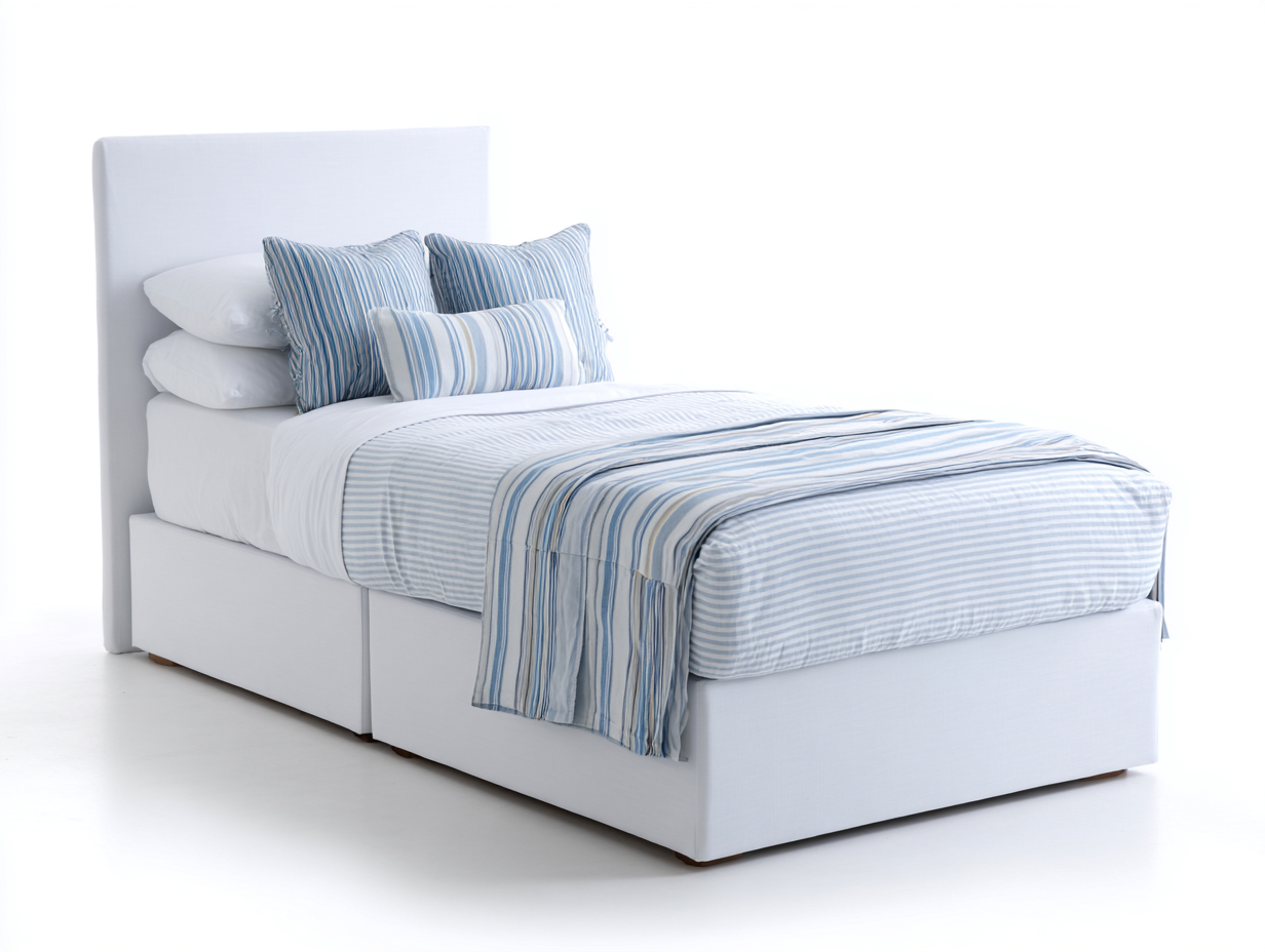 Einzelbett Stoffbezug 205x100x112 cm - weiß-hellblau - für Schlafzimmer - modernes Design mit 2 Schubladen-Salinstudio
