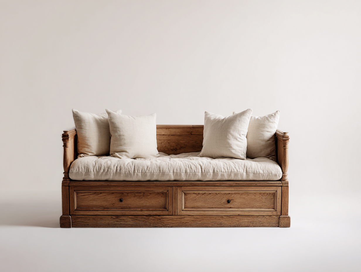Schlafsofa aus Holz 200x90x88 cm - Braun-Beige - Mit 2 Schubladen - Klassisches Design-Salinstudio