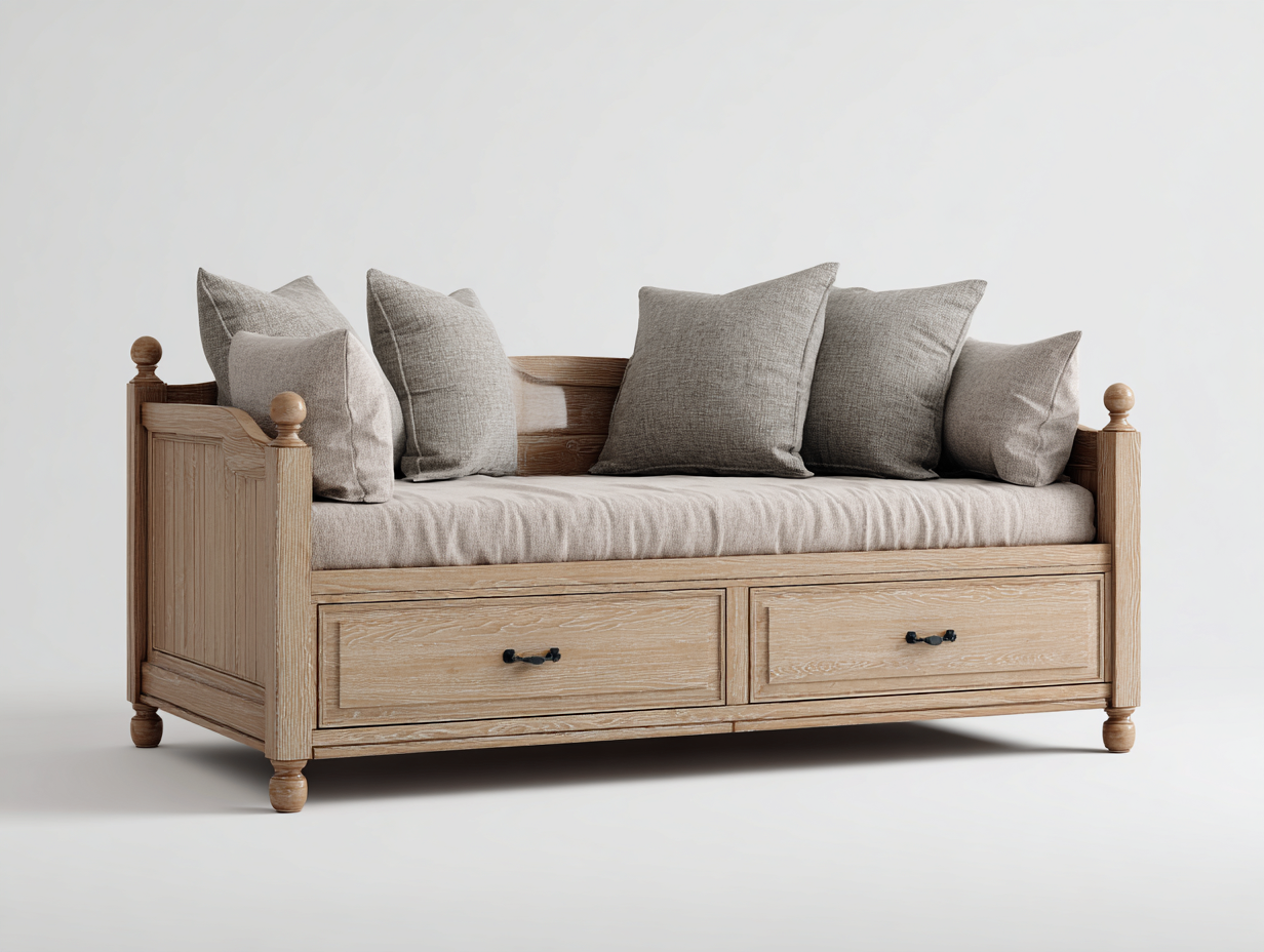 Schlafsofa Holz 205x90x88 cm Natur-Beige Landhausstil mit Stauraum-Salinstudio