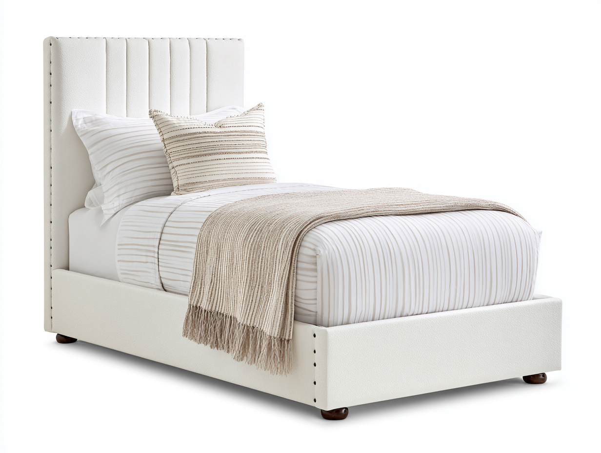 Einzelbett aus Stoff 200x90x125 cm - Cremeweiß - Für Schlafzimmer - Modernes Design-Salinstudio