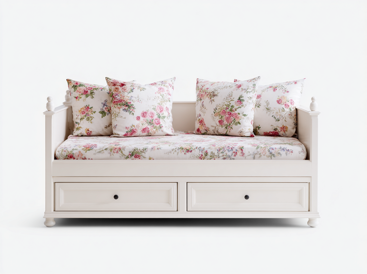 Schlafsofa aus Holz mit Schubladen 205x90x88 cm cremeweiß für Wohnbereich und Gästezimmer - klassisches Design-Salinstudio