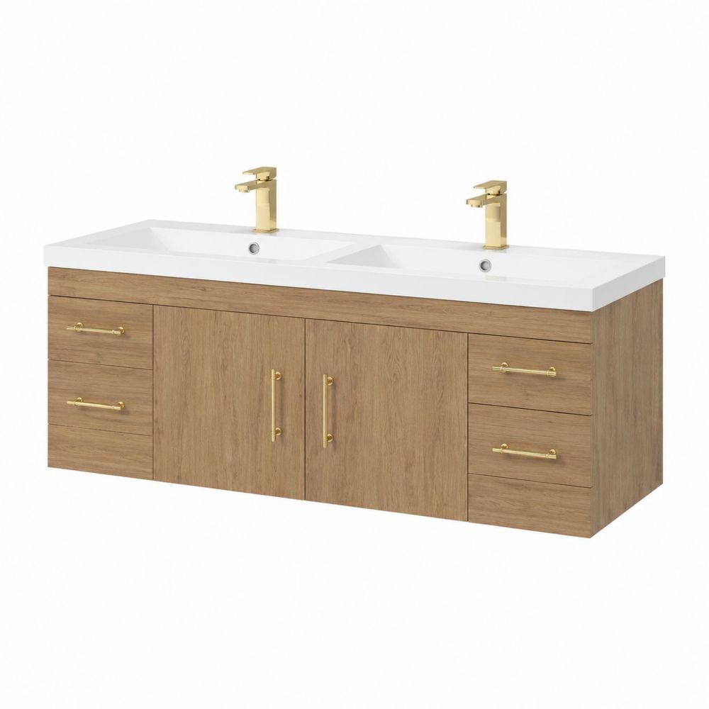 Meuble lavabo double en bois et résine avec poignées dorées - 140 cm