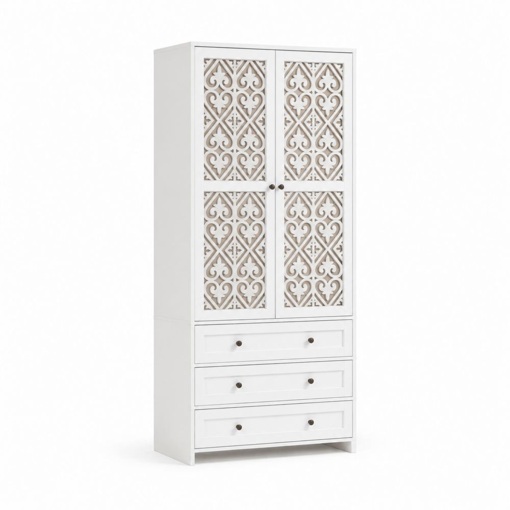 Armoire en bois avec motifs décoratifs et 3 tiroirs, 190 cm