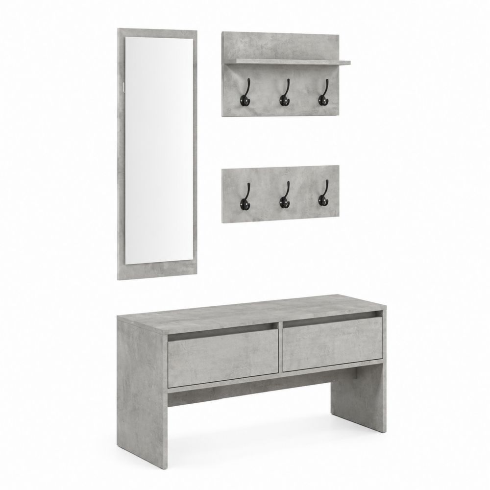 Ensemble Mural avec Banc et Miroir en Bois d'Ingénierie Gris