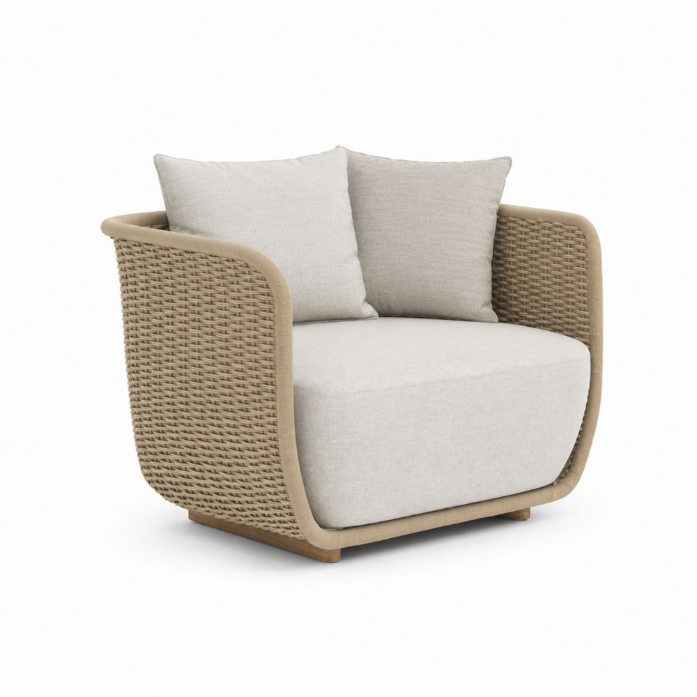 Fauteuil en osier et aluminium avec coussins en polyester beige