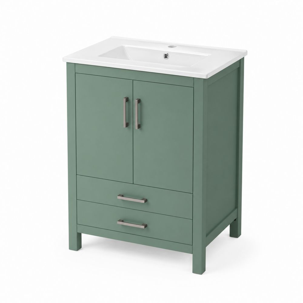 Meuble sous lavabo en bois vert avec lavabo en céramique