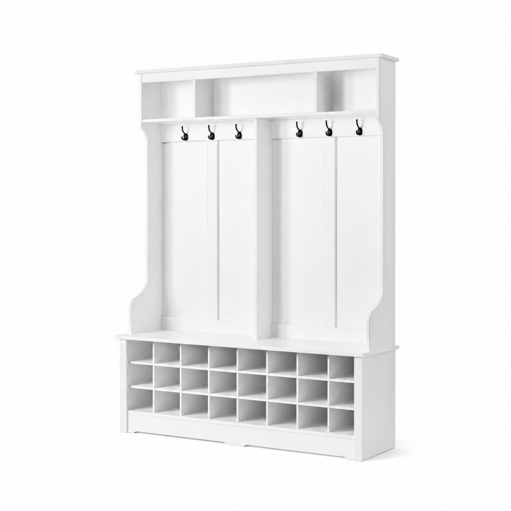 Armoire d'entrée avec crochets et rangement à chaussures en bois blanc