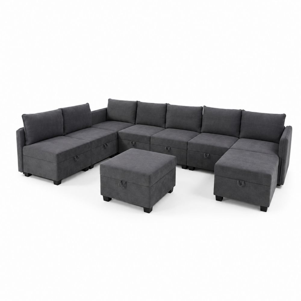 Canapé d'angle modulable 7 pièces en tissu gris