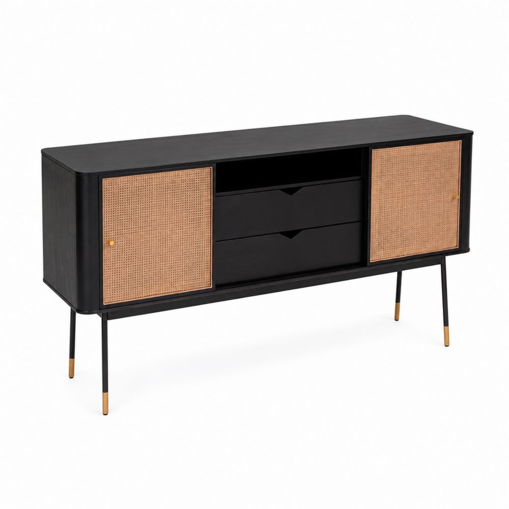 Buffet en bois avec portes en rotin et pieds en métal doré 150x40x75 cm