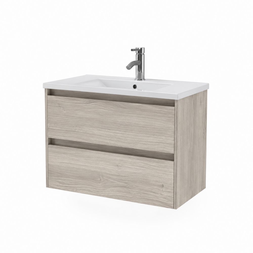 Meuble sous lavabo mural bois clair avec vasque en céramique blanche 60 cm