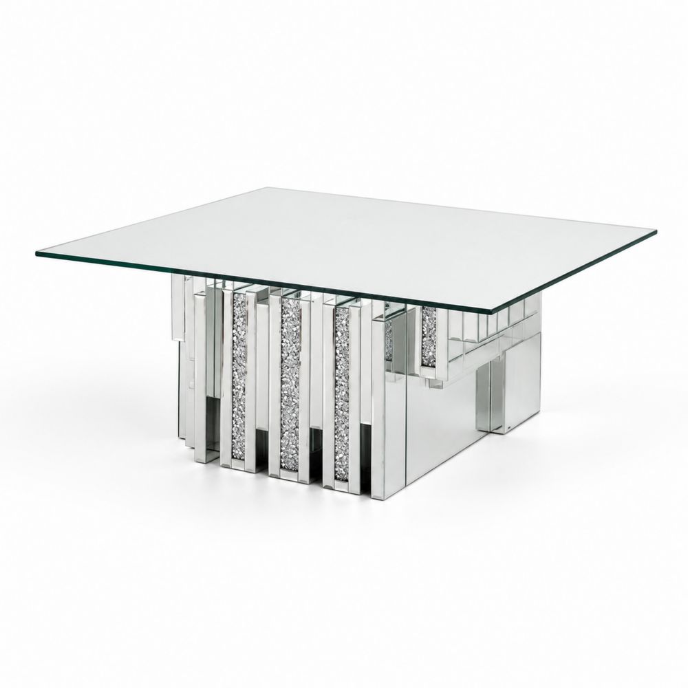 Table basse carrée en verre trempé et métal argenté