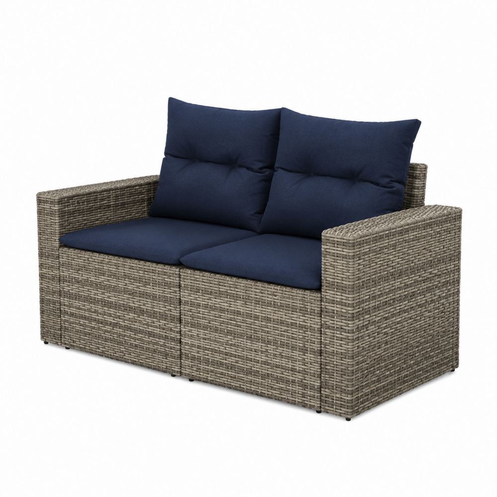 Canapé modulaire deux places résine tressée coussins en polyester bleu