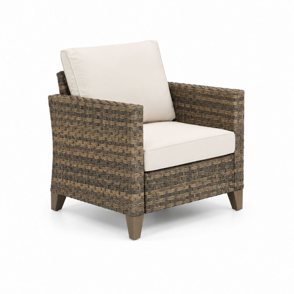Fauteuil en métal et résine tressée avec coussins en polyester beige