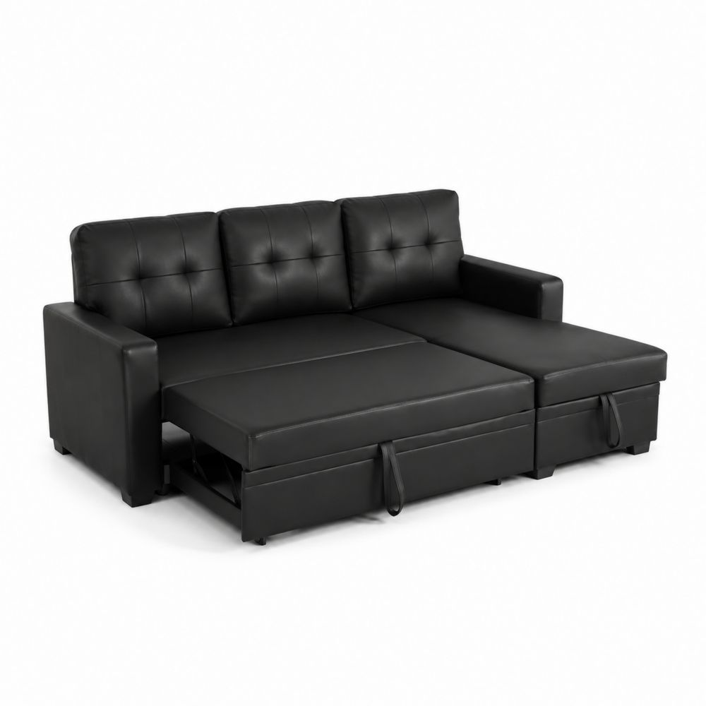 Canapé d'angle convertible en simili cuir noir