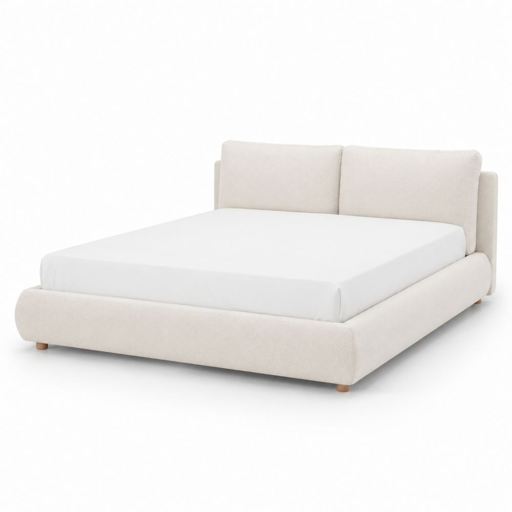 Lit double en tissu beige avec appui-tête amovible