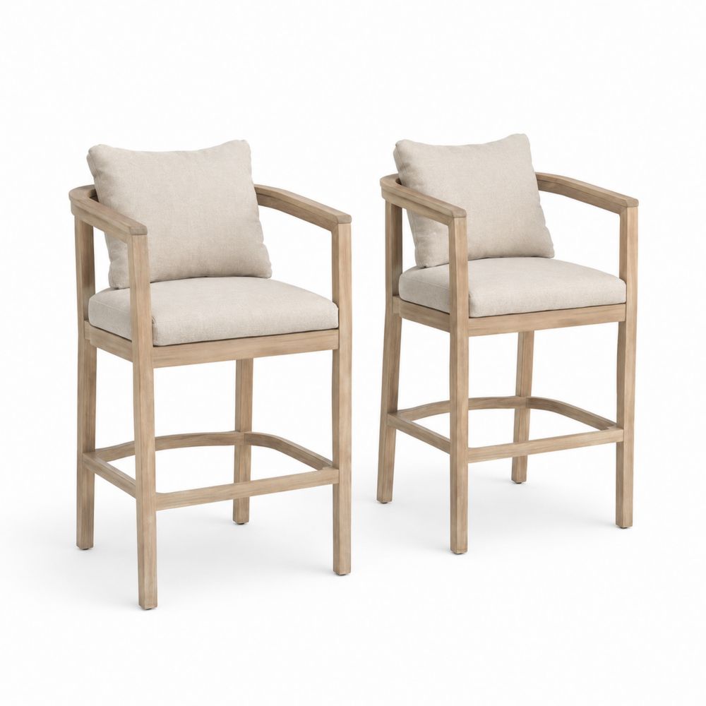 Tabourets de bar en bois avec coussins en tissu beige, lot de 2