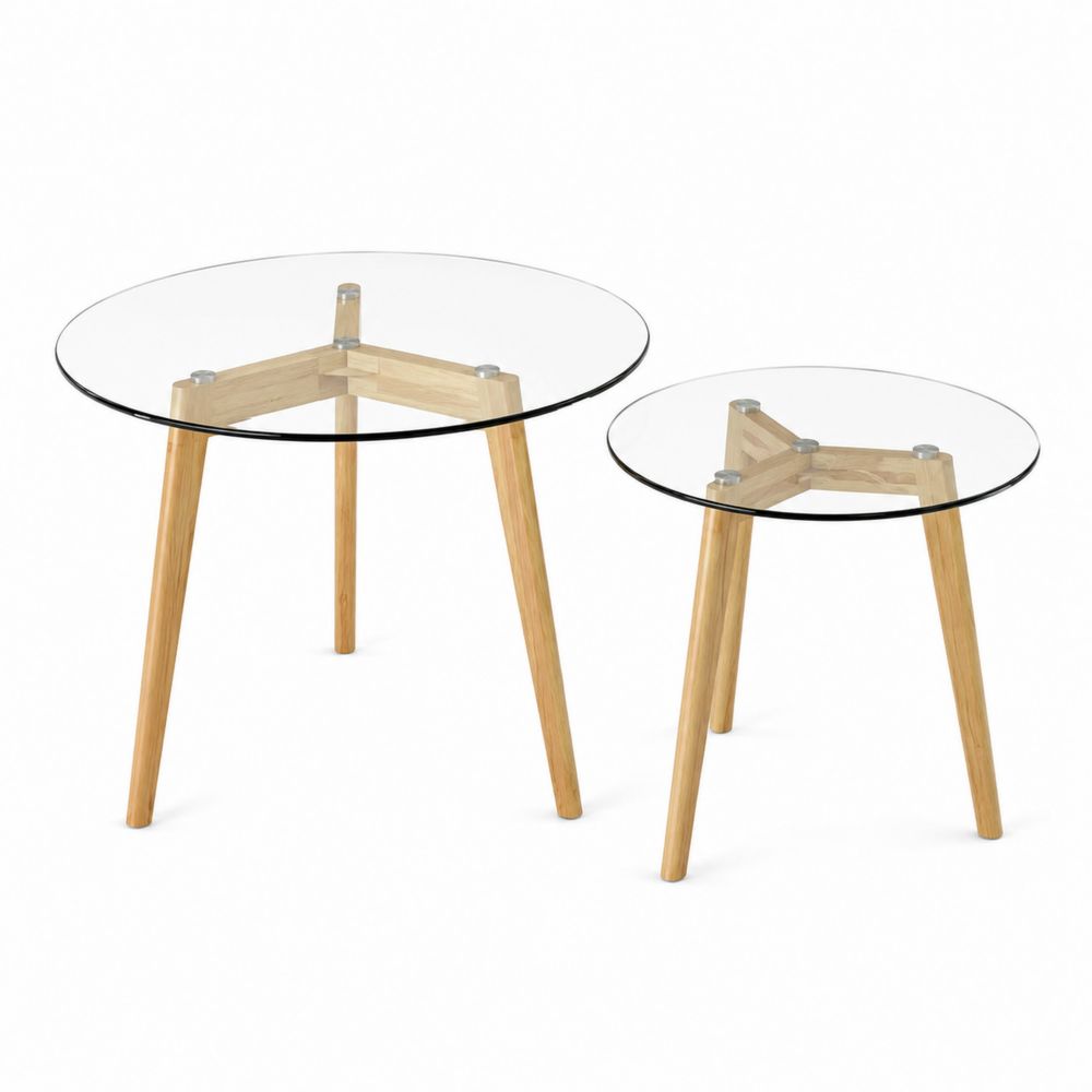 Tables basses rondes en verre et bois, ensemble de 2