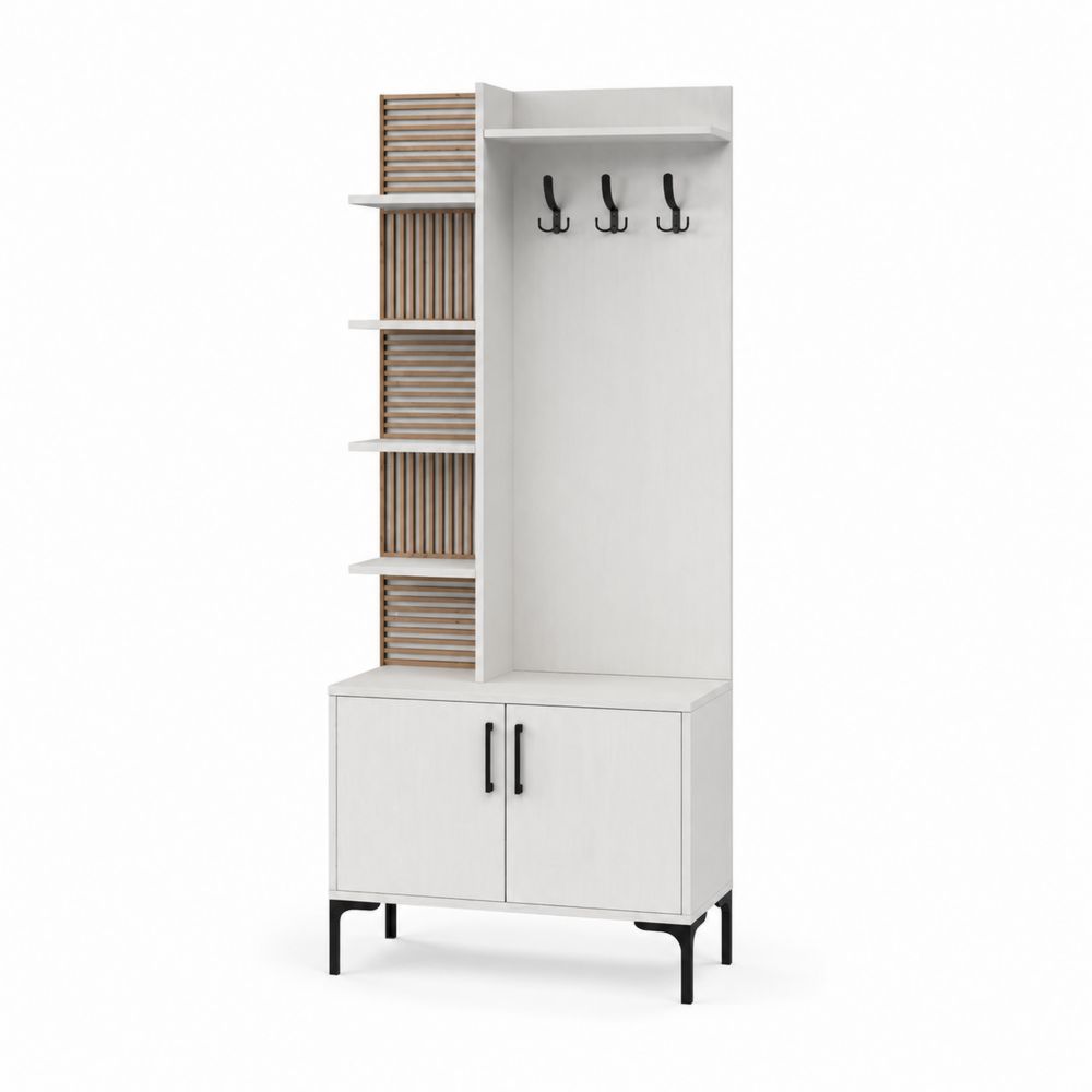Portemanteau d'entrée en bois blanc et métal avec étagères 180x90x34 cm
