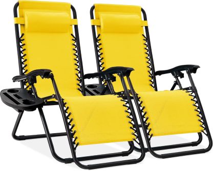Best Choice Products Set of 2 Adjustable Steel Mesh Zero Gravity Lounge Chair Recliners w/Pillows and Cup Holder Trays - Navy Blue