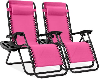 Best Choice Products Set of 2 Adjustable Steel Mesh Zero Gravity Lounge Chair Recliners w/Pillows and Cup Holder Trays - Navy Blue
