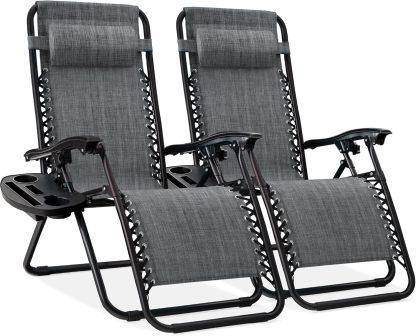 Best Choice Products Set of 2 Adjustable Steel Mesh Zero Gravity Lounge Chair Recliners w/Pillows and Cup Holder Trays - Navy Blue